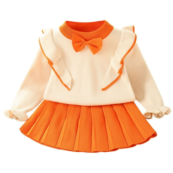 Ugoldhm Girls Shirt Dress Sets Two Piece Bow Ruffle Long Sleeve Tops Pleated Skirt Fall Cute Outfits