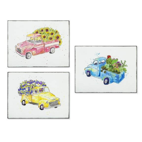 Set of 3 White Unique Rectangular Metal Embossed Truck Design Wall Decor, 11.75"