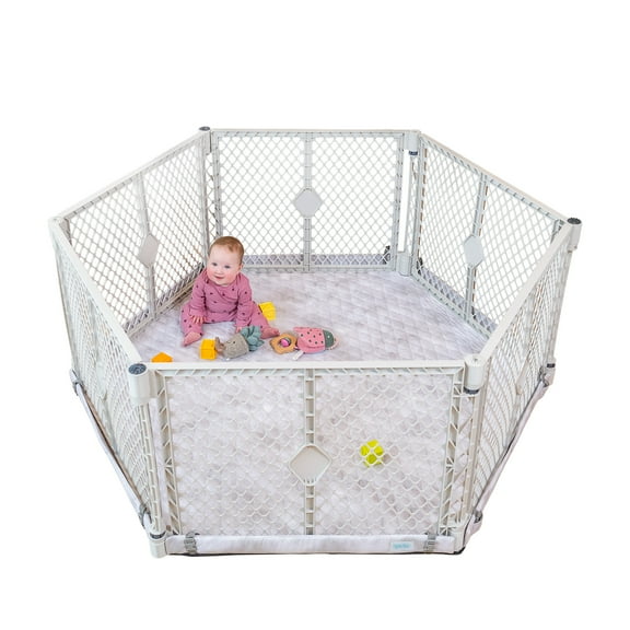 Toddleroo by North States 6-Panel Superyard Nook with SecureMat, Hexagon Clouds, White