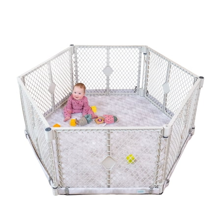 Toddleroo by North States 6-Panel Superyard Nook with SecureMat, Hexagon Clouds, White
