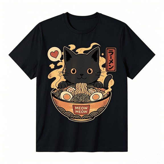 Cat Ramen Funny Graphic Tees Japanese Kawaii Cat Anime T-Shirt