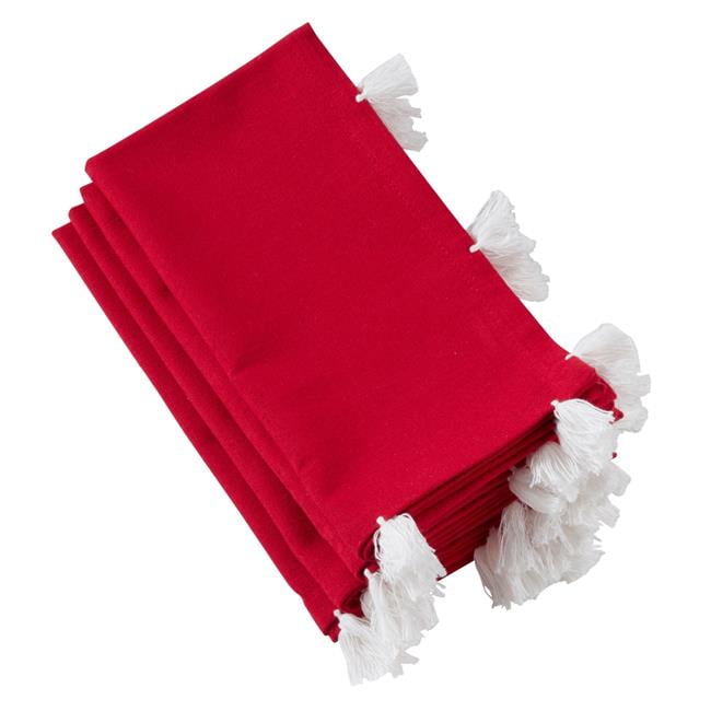 20, Set of 4 SARO LIFESTYLE 2316.R20S Cher Noël Collection Red Cotton And White Tassels Table Napkins 20, Set of 4 SARO LIFESTYLE 2316.R20S Cher Noël Collection Red Cotton And White Tassels Table Napkins
