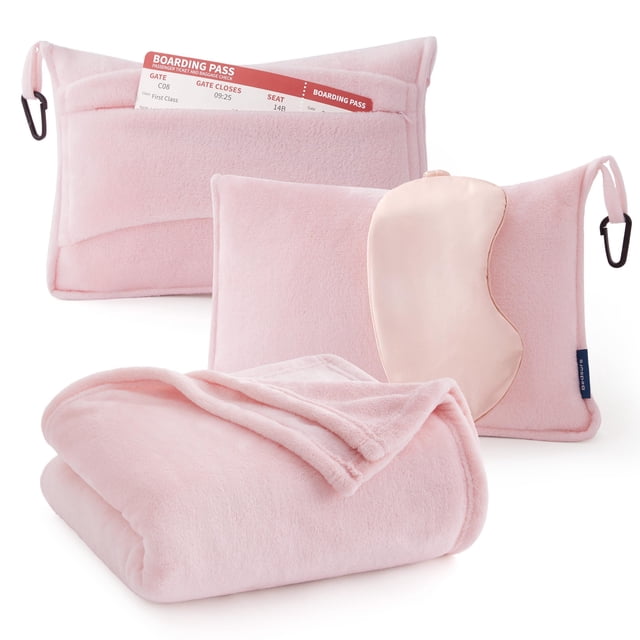 Manta de viaje Bedsure Airplane Compact con bolsa de almacenamiento rosa