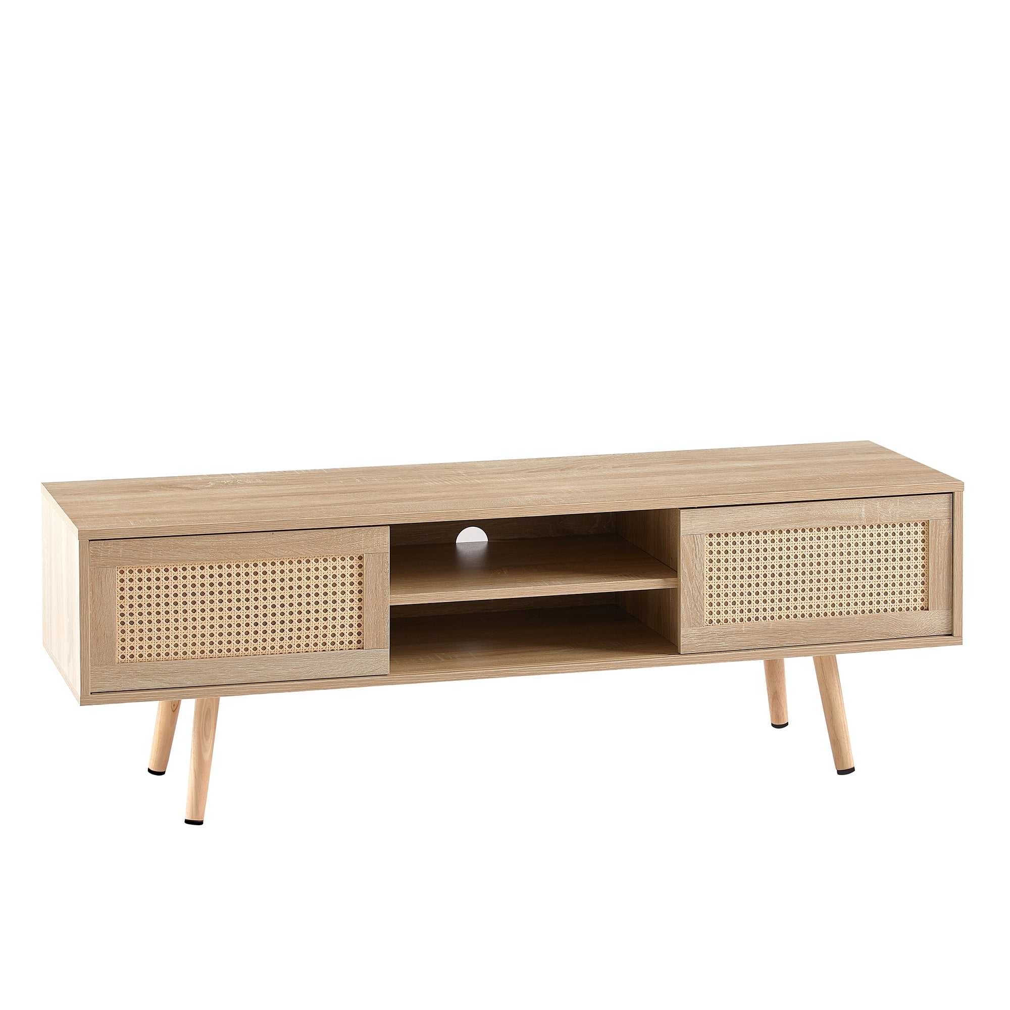 MAYEERTY 55.12" Rattan TV Cabinet with Sliding Doors, Solid Wood Legs, Adjustable Shelf, Natural