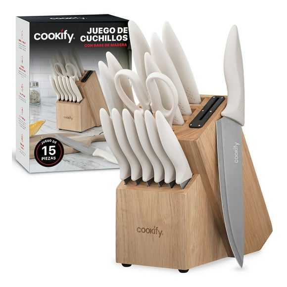 Juego de Cuchillos de Cocina COOKIFY Acero Inoxidable 15 Piezas con Base y Afilador, Madera/Marfil