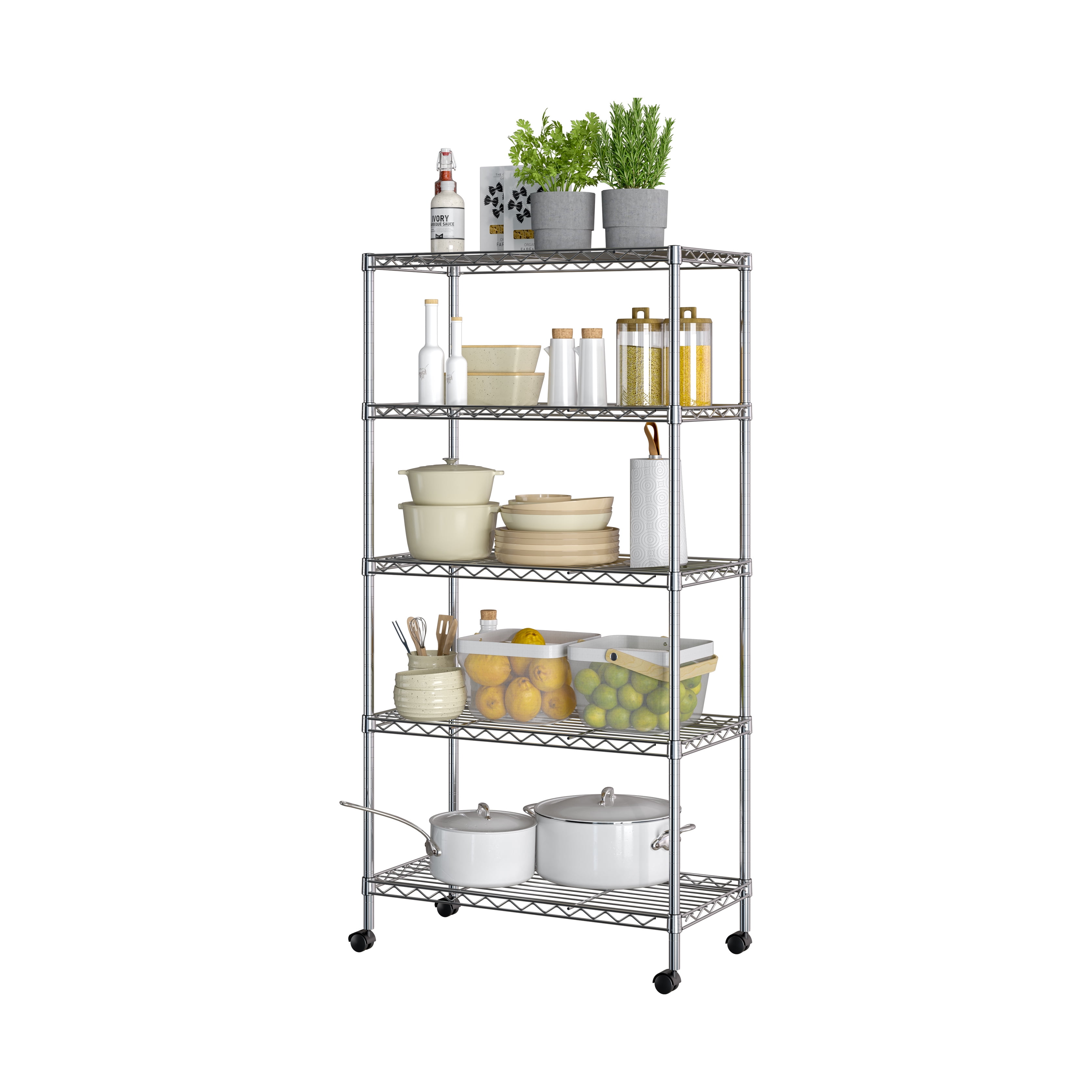 Seville Classics 5-Tier Steel Wire Shelving with Wheels, 30" W x 14" D x 60" H, Chrome Plated