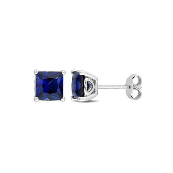 2.68 Carat (Ctw) Lab-Created Princess Blue Sapphire Solitaire Earrings in Sterling Silver (6mm) for Women