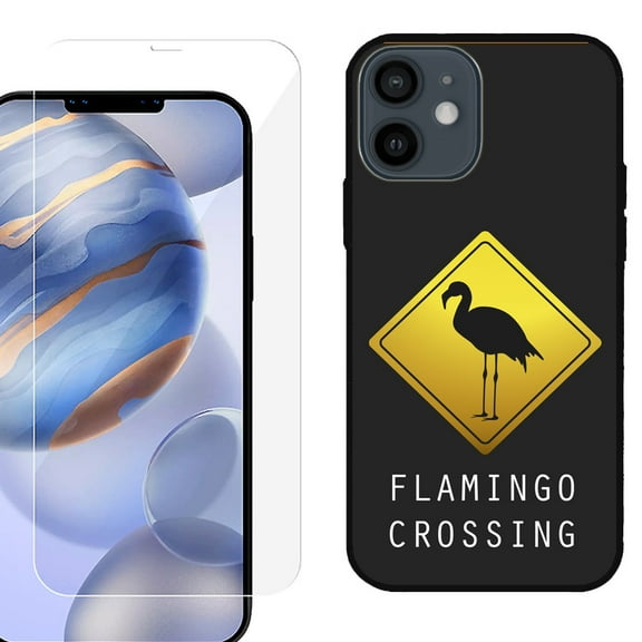 Slim-Fit Protective Phone Case (Black) compatible with iPhone 12 / iPhone 12 Pro, with Tempered Glass Screen Protector, by OneToughShield ® - Flamingo