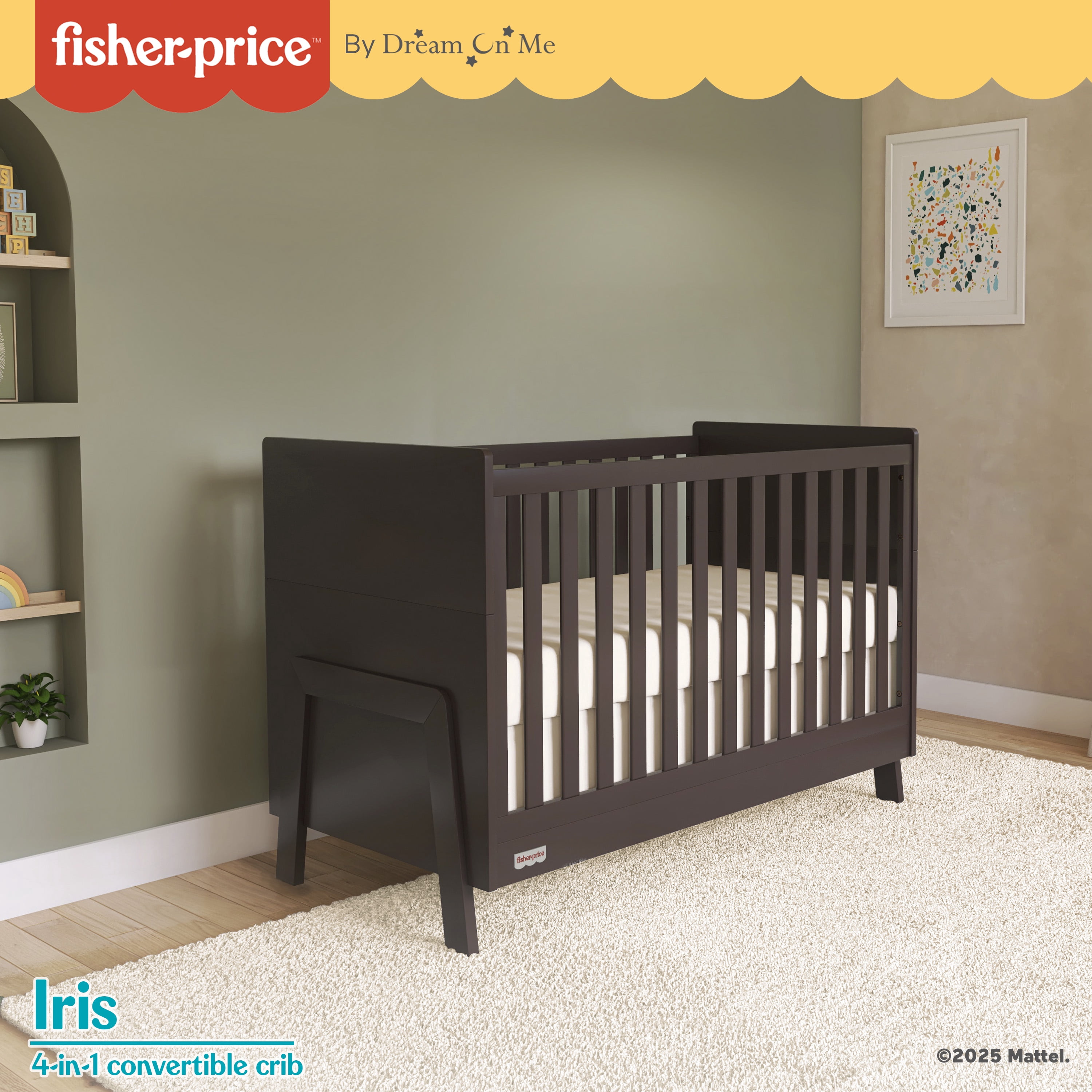 Fisher Price Iris 4  in 1 Convertible Crib by Dream On Me, Chocolate Chip