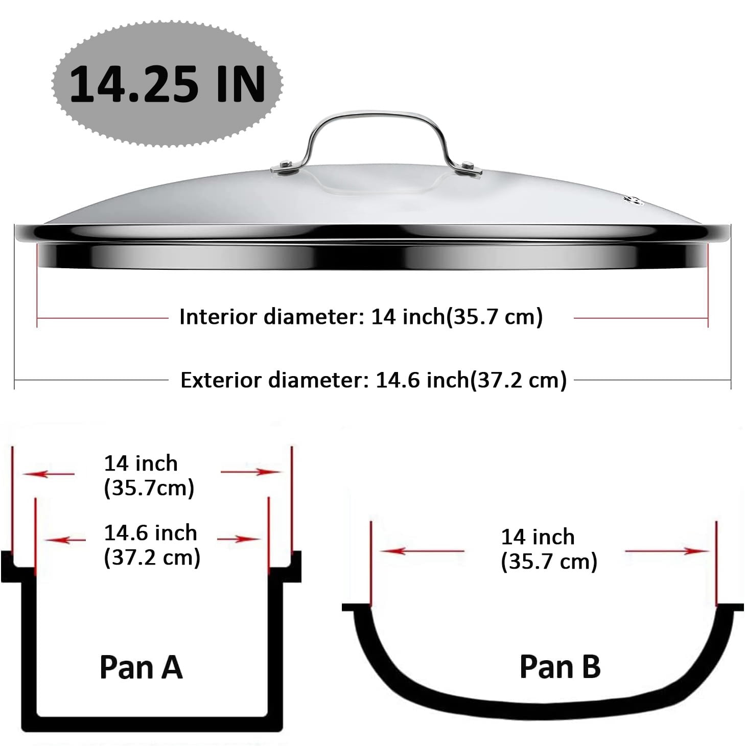 Stainless Steel Glass Lid for 14 Inch Pans and Pots, Tempered Cover for Cooking Pans, Dishwasher & Over Safe 36 cm