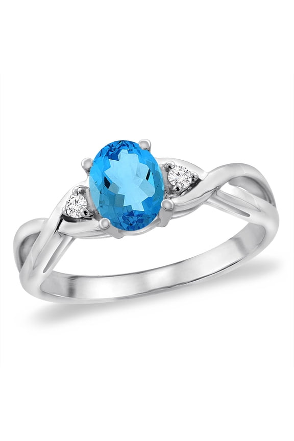 14K White Gold Diamond Natural Swiss Blue Topaz Infinity Engagement Ring Oval 7x5 mm, size 10