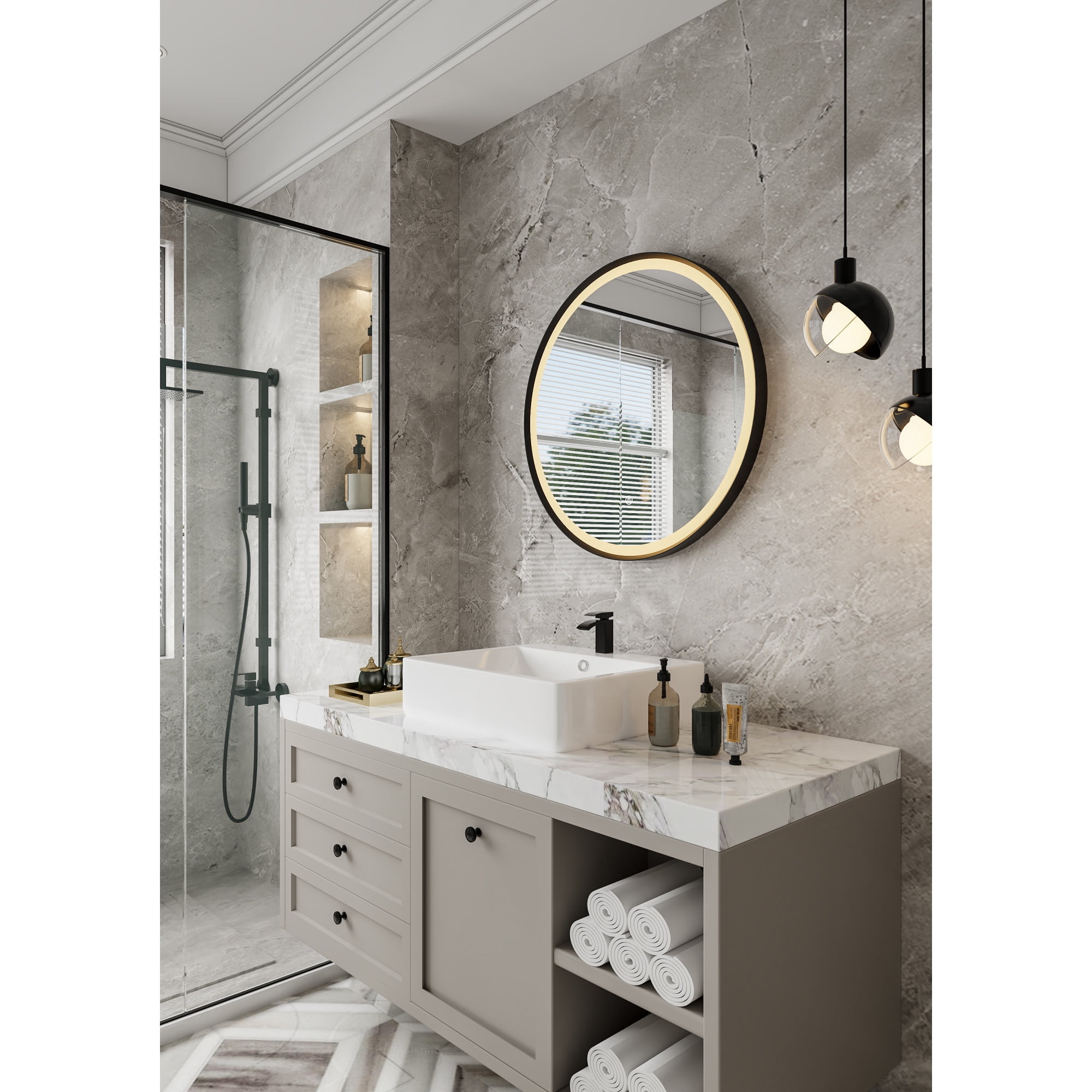 Kingston Brass MR1032424 Aurora 24-Inch Round LED Bathroom Mirror, Front Light, Anti-Fog, Dimmable Touch Sensor Lighted Mirror in Silver/Nickel