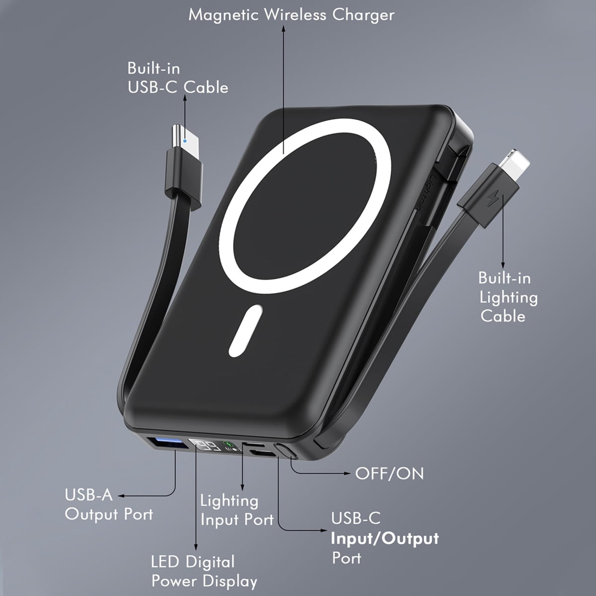 Podoru Wireless Portable Charger, 10000mAh Magnetic Power Bank Built-in USB C Lighting Cables 22.5W PD Fast Charging LED Display Mag-Safe Battery Pack for iPhone 15/14/13/12/Mini/Pro/Pro Max - Black