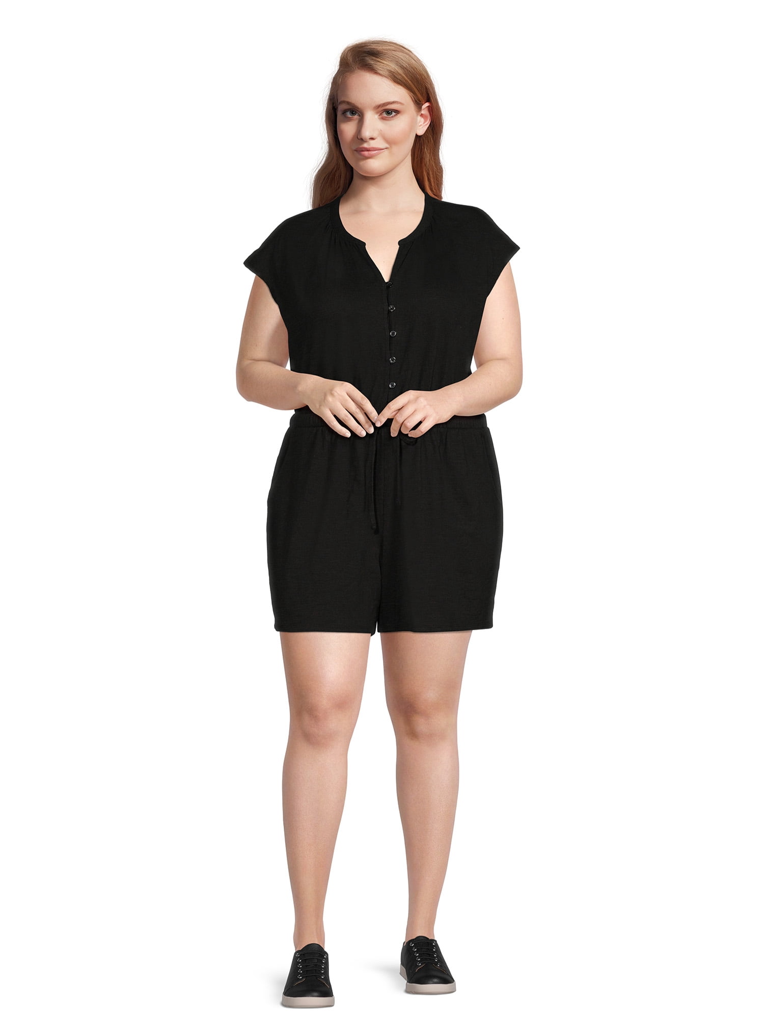 Terra & Sky Women's Plus Size Button-Front Knit Romper, 5" Inseam