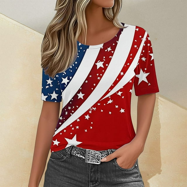YLHFASHION T-Shirts Graphiques pour Femmes 4 Juillet Col Rond 2025 Drapeau Américain Manches Courtes Chemise d'Été pour l'Indépendance Rabais de 50 % Liquidation T-shirt à Manches Courtes pour Femme