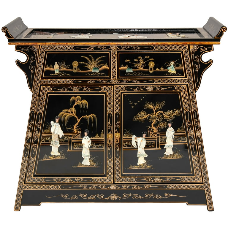 Oriental Furniture Black Lacquer Altar Cabinet - Royal Ladies