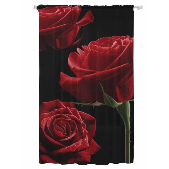 Sheer Curtains 96 Inches Long, Red Rose Semi Sheer Curtains Light Filtering Window Treatment, Vintage Abstract Garden Flower Floral Black Privacy Voile Drapes for Living Room Bedroom 52x96 Inch