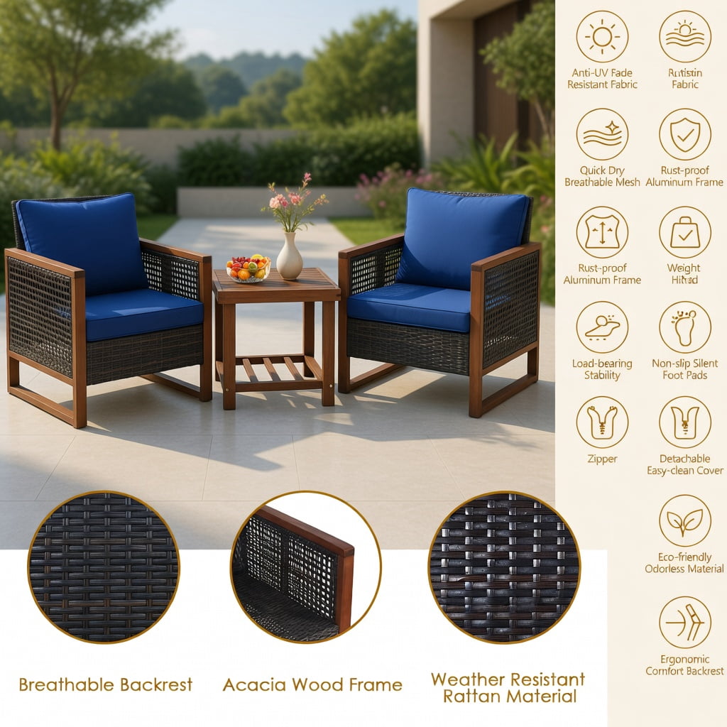 Hommoo 3-Piece Outdoor Wicker Patio Furniture Set, Rattan Sofa & Acacia Wood Coffee Table with Washable Cushions, Navy