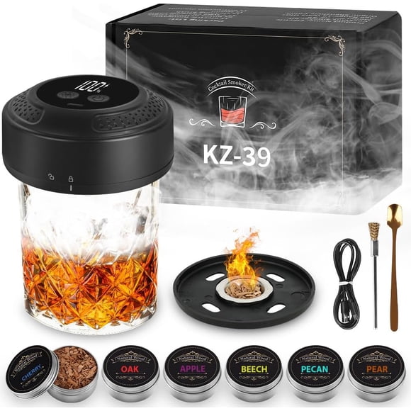 Ensemble de Fumeur de Cocktail Électrique avec 6 Copeaux de Bois Aromatisés, Trousse de Fumage de Whisky Rechargeable, Lumière RVB, Fumeur de Whisky à l'Ancienne, Infuseur de Fumée pour Boisson, Cadeaux pour Hommes pour Père, Mari, Petit Ami