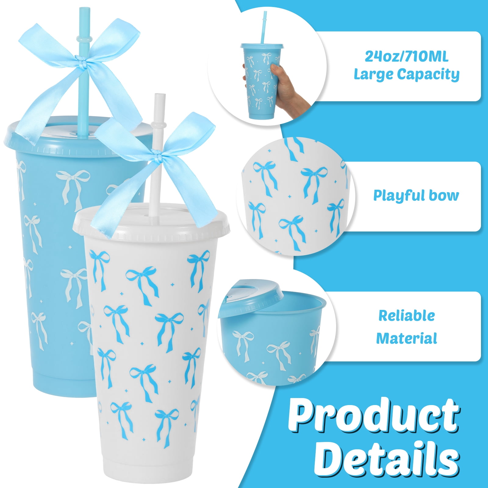 24 Pcs 24oz Bow Plastic Cup with Lid Straw and Ribbon Reusable Tumbler for Birthday Wedding Baby Shower Bridal Party Blue