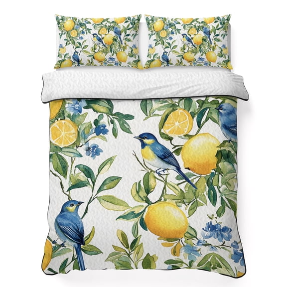 Full Quilt Set 78''x90'', Botanical Lemon Lightweight Summer Bedspread Coverlet Set with 2 Pillow Shams, Watercolor Blue Birds Green Leaves Breathable All Season Quilt Bedding for Bedroom/Guest Room