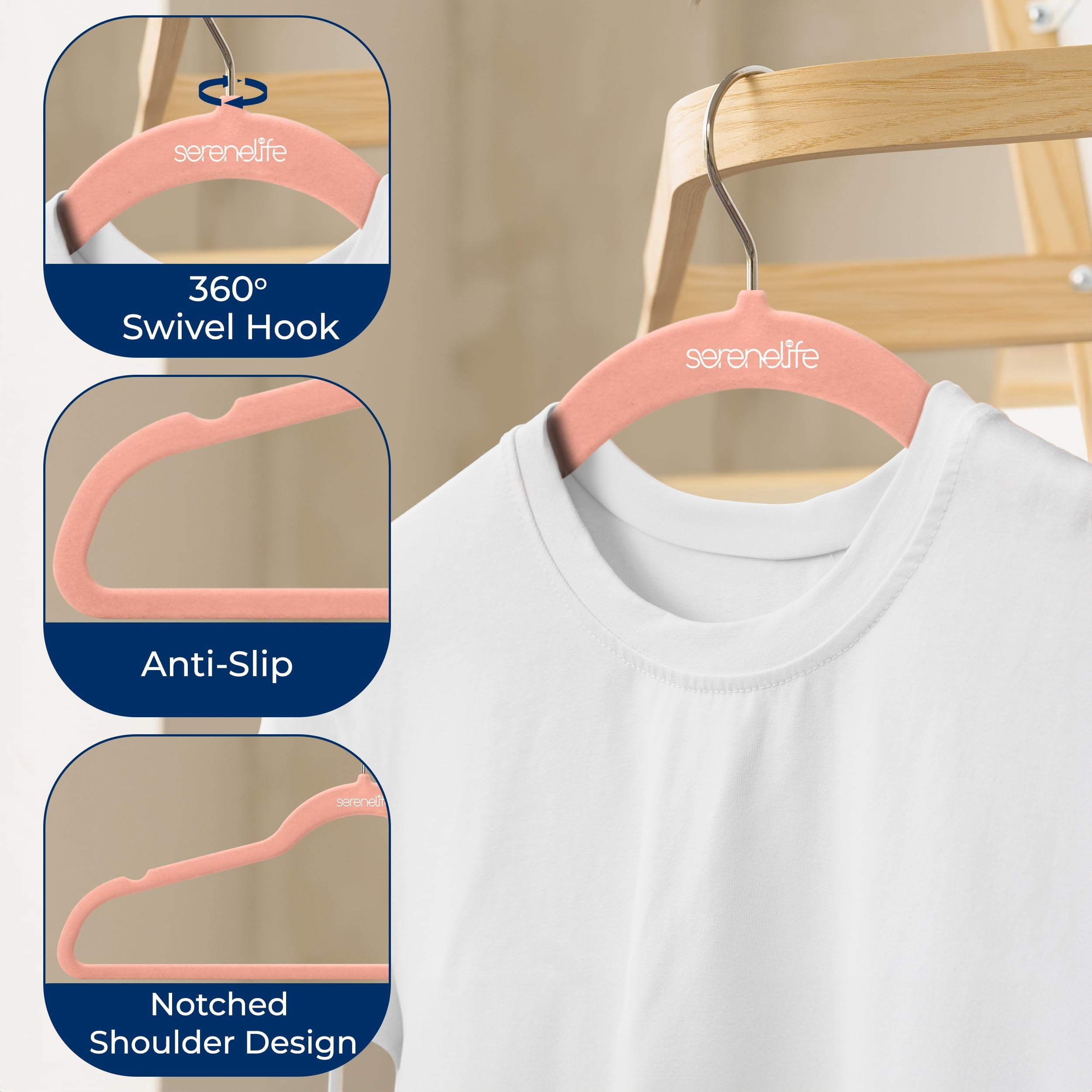 SereneLife 200 Pack Velvet Hangers - Non-Slip Felt Hangers with 360 Swivel Hook, Space-Saving, Ultra-Thin, Lightweight for Shirts, Sweaters, Hoodies, Kids Clothes & Dresses