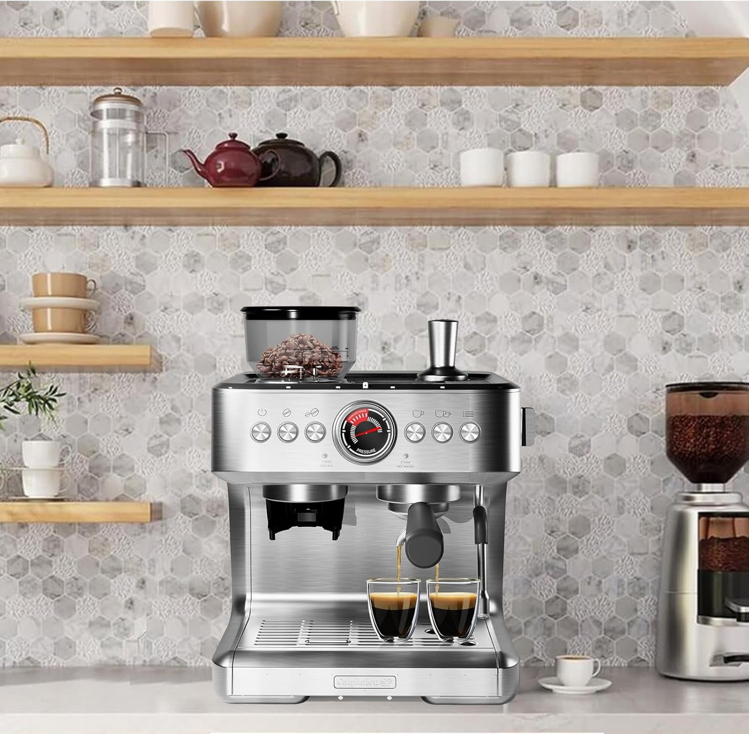 Semi-Automatic Espresso Machine, 20 Bar Coffee Maker with 30 Grinding Setting, Espresso Maker with Grinder
