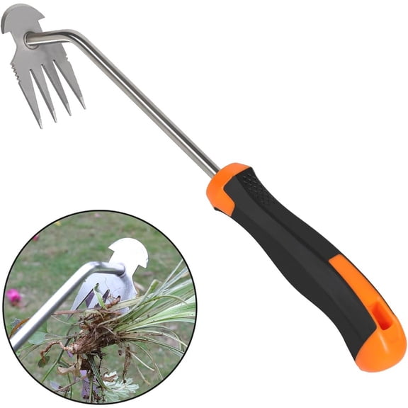 Fengxx Stainless Steel Multi Weeding Tool, Curved Handle 4-Tine Rake & Crescent Weeder, Dual Purpose Hand Garden Rake for Yard Loosen Soil & Pull Weeds