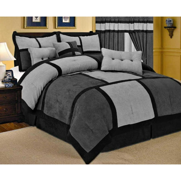 7 Piece Patchwork Gray Black Micro Suede Comforter Set King Size 