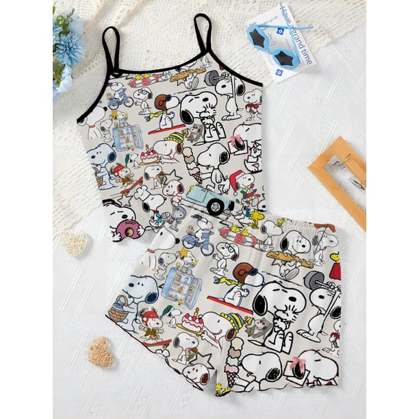 Conjuntos cortos para mujer, 2 piezas, pijama, falda, camiseta, top, vestido lencero, traje de mujer, Snoopy, ribete de lechuga, ropa elegante de verano 2024