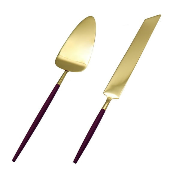 Koyal Wholesale Modern Wedding Cake Knife And Server Set - 2-Piece Gold Cake Cutter & Server With Purple Handle