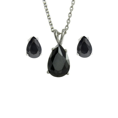 - .925 Silver Pear Shape Black CZ Stud Earring & Pendant Necklace Set