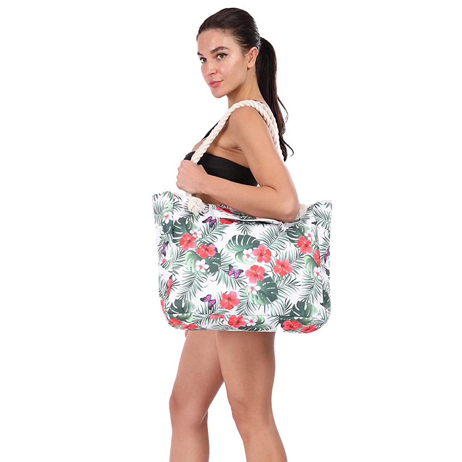 Extra Large Waterproof Canvas Beach Bag With 4 Inner Pockets Personalized Tote Bag Travel Handbag for Women Beach Travel Gym Swim Holiday Short Trip Weekend Getaway Overnight Gift for Friend Women