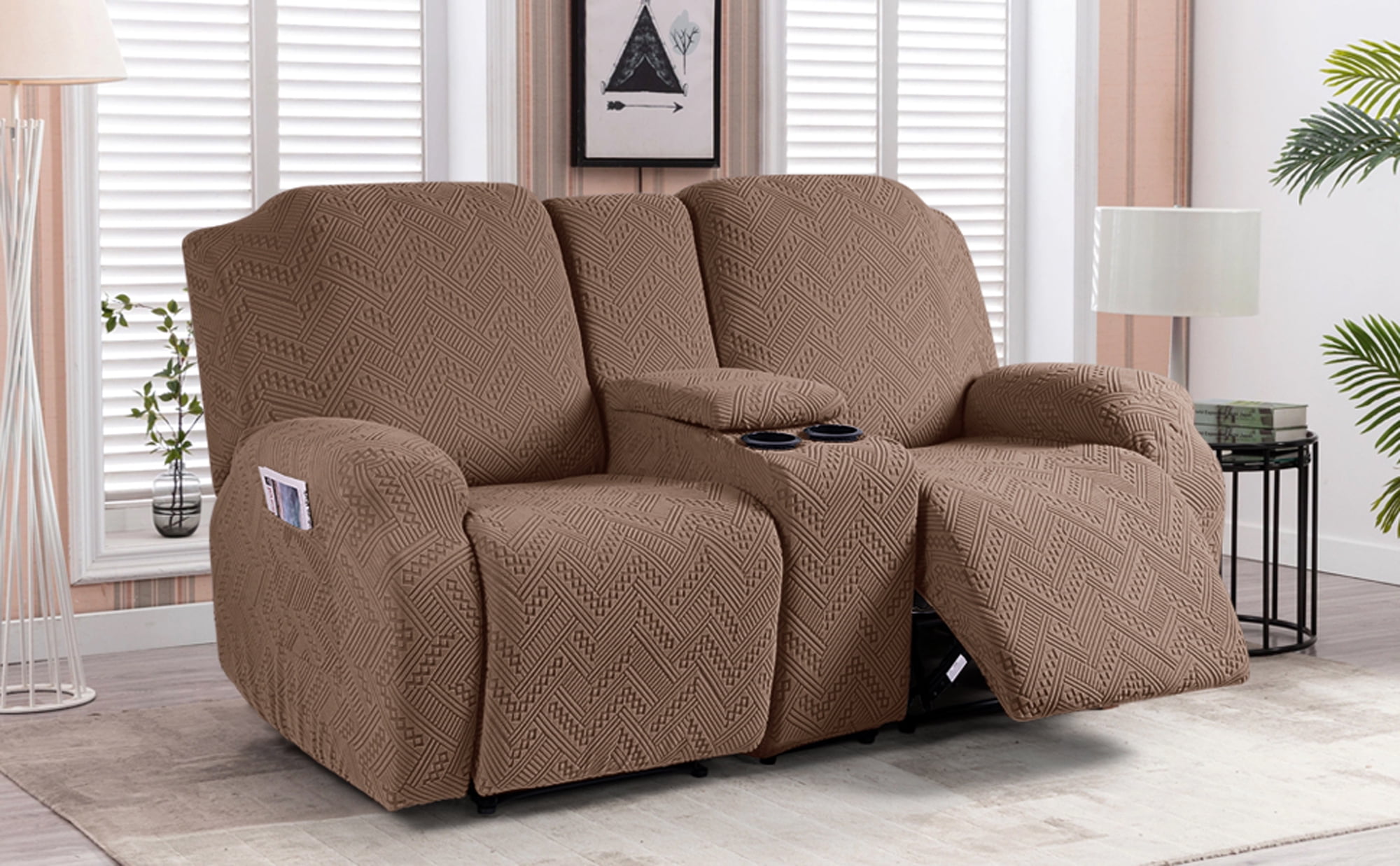 TAOCOCO Durable 4-Pieces Stretch Loveseat Recliner Slipcovers with Console, Jacquard Reclining Sofa Covers for 2 Seater Couch with Pockets Sofa Protector, Brown