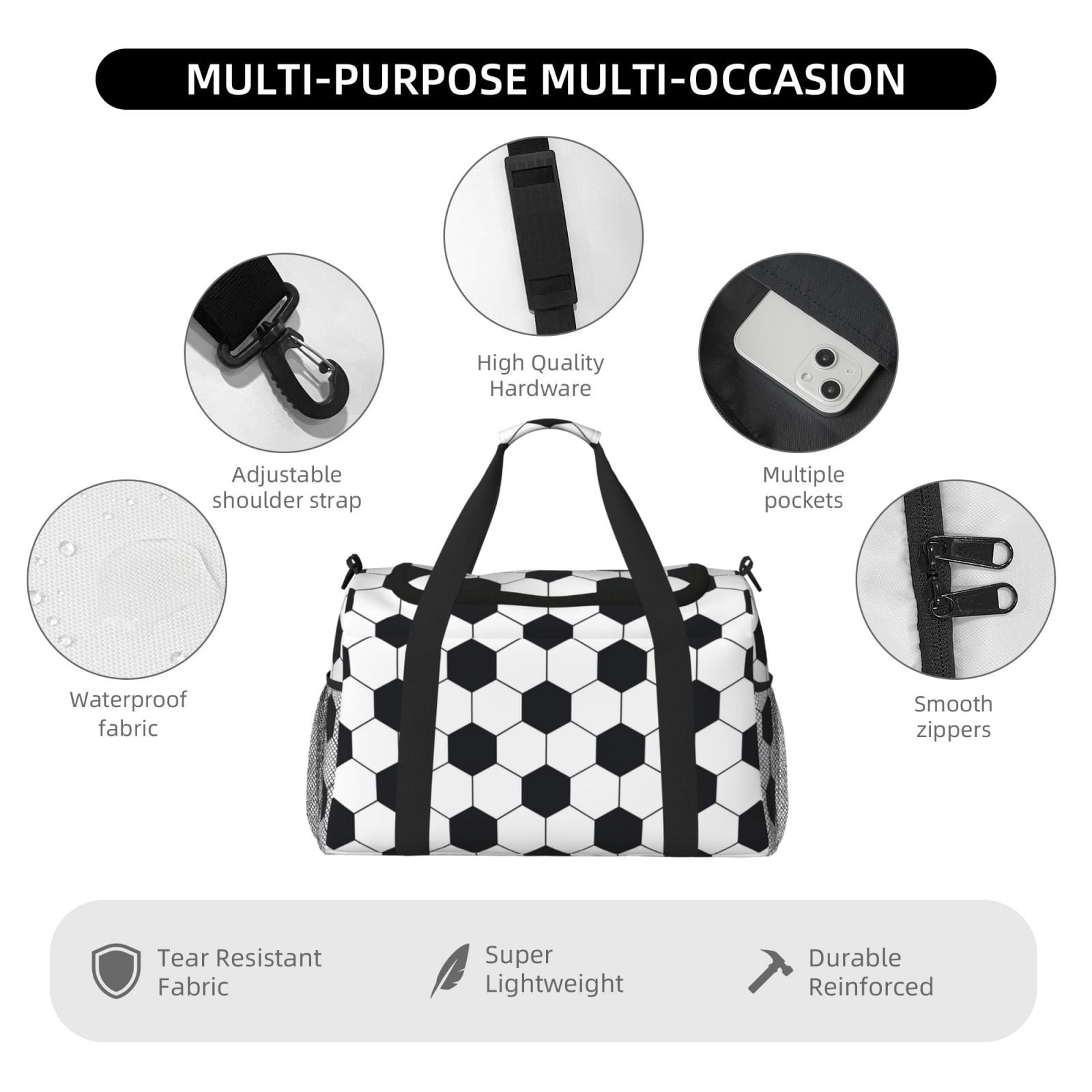 Defioc Soccer Ball Print Hand Travel Bag - Foldable Travel Duffel Bags for Men Women -Sport Gym Bag - Overnight Travel Duffel Bag - Adjustable Shoulder Strap