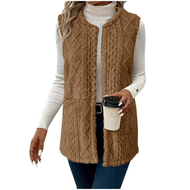 HAiming Gilet en Molleton d'Hiver pour Femmes, Col Ras du Cou, Sans Manches, Ouvert à l'Avant, Cardigan, Veste Duveteuse et Chaude avec Poche
