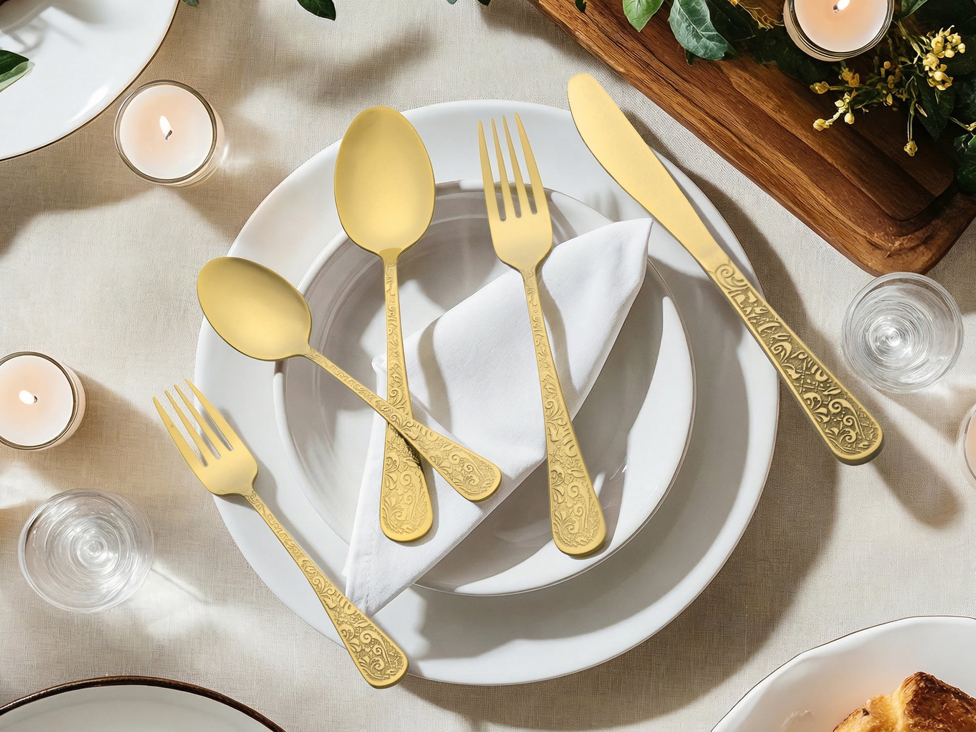 Unique Bargains 20 Pieces Stainless Steel Flatware Set Mirror Polished Cutlery Gold