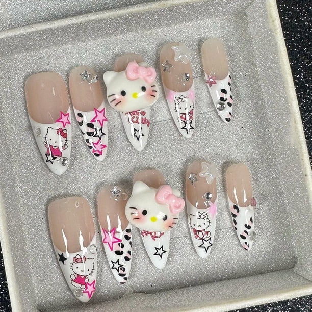 Pegatinas de uñas postizas con estampado de leopardo rosa, estilo Harajuku, Y2K Kittys, punta de uñas francesa extraíble, Ins, Sanrioed, nuevo
