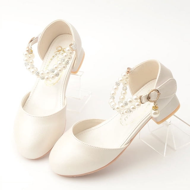 Zapatos de princesa de tacón alto estilo princesa de primavera y otoño con perlas de diamantes para niñas, zapatos de cuero de alto rendimiento blancos para estudiantes, zapatos para niños