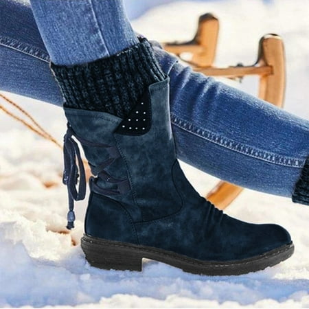 

Women Fashion Casual Vintage Retro Mid-Calf Boots Lace Up Thick Heels Shoes Blue 6-6.5