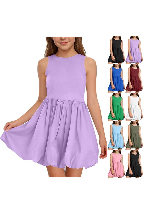 Girls Bubble Dress Summer Sleeveless Crewneck Pleated Sundress A-line Puffball Balloon Cute Mini Sun Dresses (9-10 Years, Purple)
