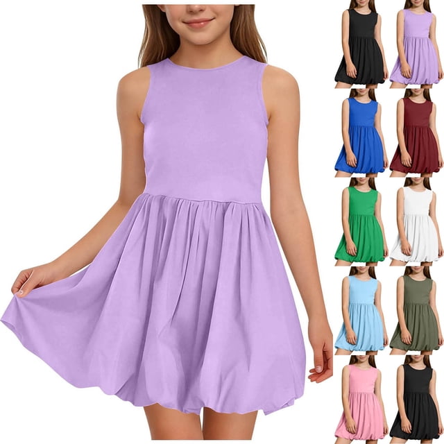 Ashirexll Robes d'Été pour Ados Enfants Sans Manches Extensibles Couleur Unie Ligne A Tournoyantes Patineuse École Récital Robe pour Ados