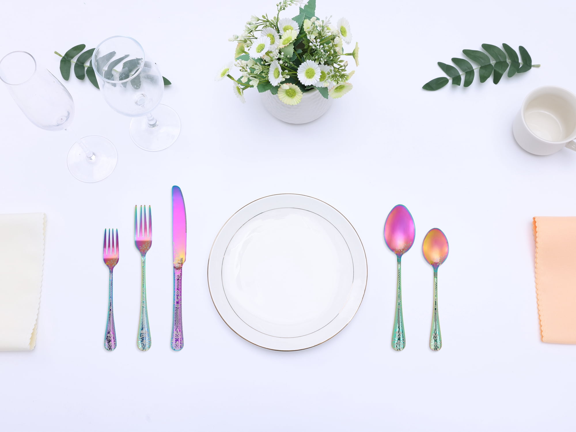 Unique Bargains 20 Piece Floral Stainless Steel Flatware Set for 4 Modern Cutlery Colorful