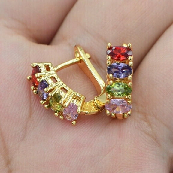 Multi Sapphire Stone Women's Hoop Earrings In 14K Yellow Gold Plated Lab Created
