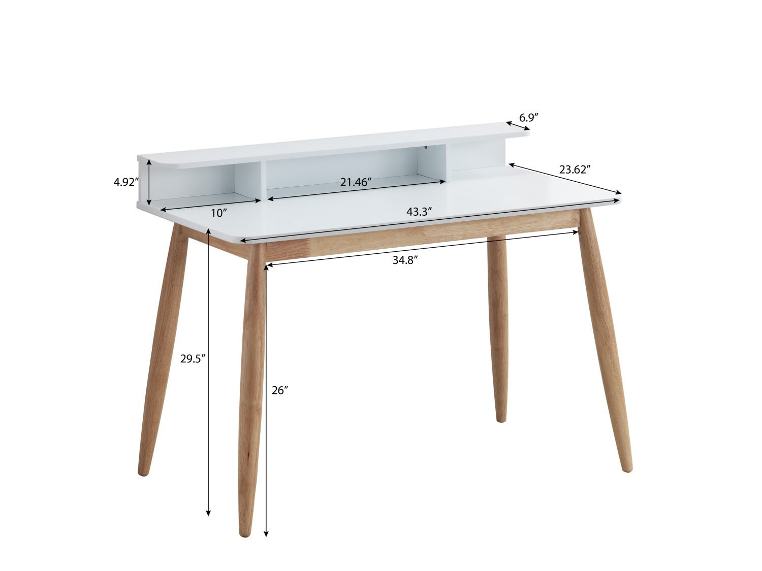 Mid-Century Modern Writing Desk with Hutch, 43" Home Office Desk with 3 Shelves Storage for Study Bedroom Computer Desk, Grey