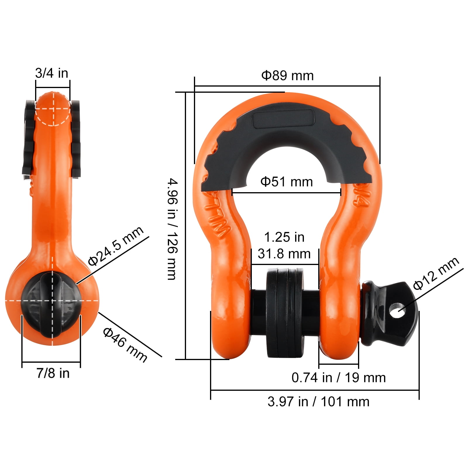 VEVOR 3/4" D-Ring Shackle, 2 Pack Alloy Steel Shackles 62832 lbs (28.5 Ton) Break Strength with 7/8" Screw Pin,Isolators & Washers, Heavy Duty Off Road Vehicle Recovery Shackle for Jeep Truck,Orange