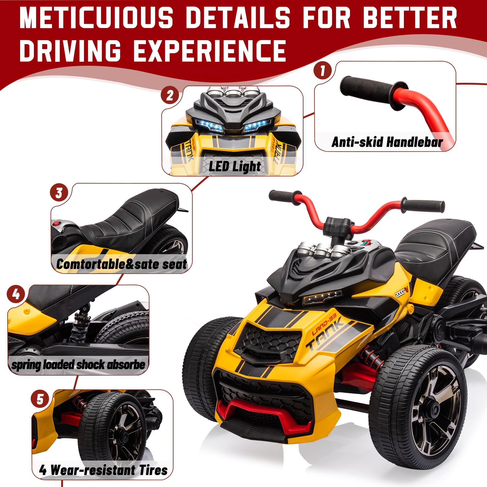 EastVita 12V 3 Wheeler Ride on ATV Electric Motorcycle, Battery Powered Electric Vehicle w/LED Lights, High & Low Speed, Horn, Music, USB, Treaded Tires, Ride on Car
