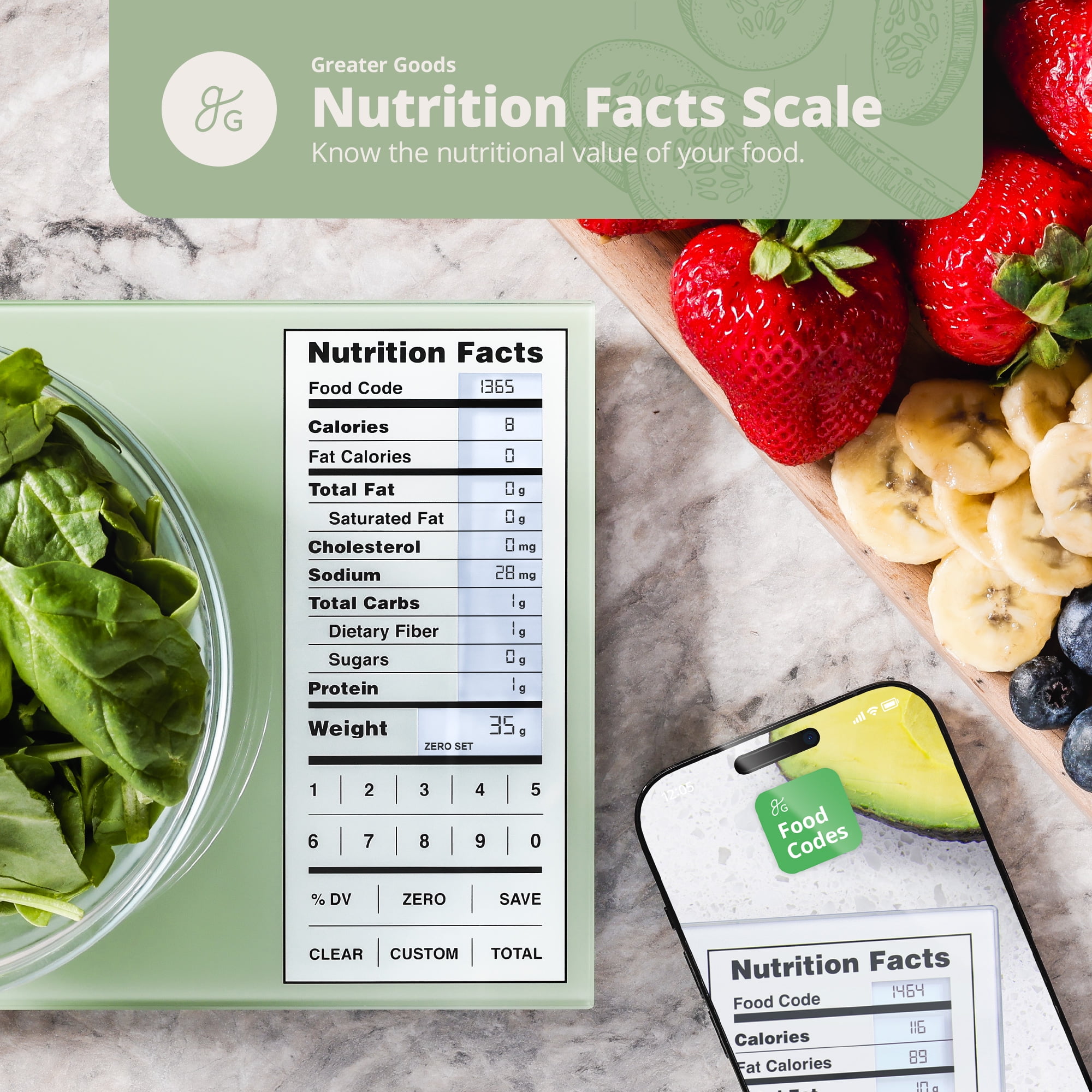 Greater Goods Nutrition Scale, Food Grade Glass, Calorie Counting Scale, Meal Prep Scale, and Weight Loss Scale, Designed in St. Louis, Sage Green