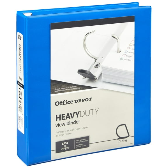 Office Depot Brand Heavy-Duty Easy Open D-Ring View Binder, 1 1/2" Rings, 54% Recycled, Blue
