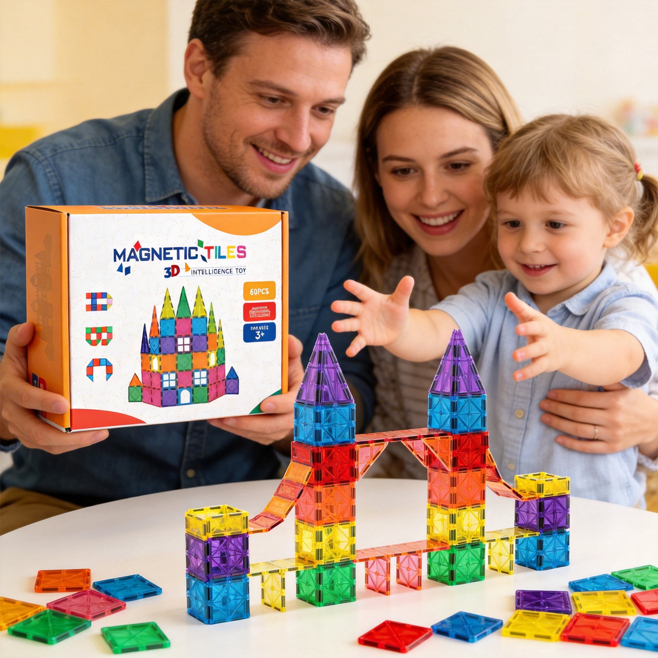 60PCS Magnetic Tiles Building Set, Magnetic Blocks for Kids, Educational Construction Toys, Sensory Magnet Toys Magnetic Tiles Set for Kids Boys Girls